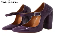Sorbern Purple Women Dress Shoes Pump Mary Janes Round Toe Block Heels Fetish Shoe Crossdresser High Heeled Big Size EU34EU48 Cus2296859