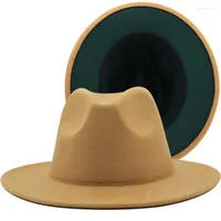 Berets Tan Green Patchwork Felt Jazz Hat Cap Men Women Flat Brim Wool Blend Fedora Hats Panama Trilby Vintage