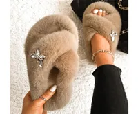 Women Fluffy Slippers Insect Decor Faux Fur Slides Luxury Designer Platform Sandals Warm Slippers Casual Winter Shoes 2203151581968
