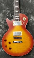 Electric Guitar Customized Left Hand Cherry Burst With Flame Top No Pickguard Chrome Parts