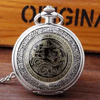 Pocket Watches Elegant Silver Dress Watch Men Antique Retro Chinese Dragon Quartz Necklace FOB Chain For Women Boys Gifts