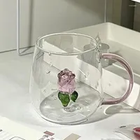 Casas de vino Copa de copa de rosa 3D con asa de desayuno para el hogar para jugo Café Clear Taza Copias de leche lindas de té Copas de Cristal