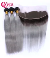 1B Grey Straight Ombre Brazilian Virgin Human Hair Extensions 3 Bundles With 13x4 Ear to Ear Lace Closure With Baby Hair Prepluck5809068