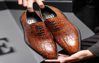 Mens Wedding Shoes Lace Up Oxford Genuine Leather Crocodile Print Party Business Brown Dress Shoes for Men4022803
