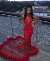 Red African 2K19 Mermaid Prom Dresses Feather Sequined Sexy Mermaid Evening Dress Count Train See Through Backless Cocktail Party 6529271