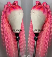 Fashion perruque Pink color brazilian full Lace Front Wig deep Curly Hand Tied Heat Resistant water wave synthetic wig For White W1984119