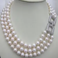 Chains Hand Knotted 3 Rows Necklace Natural 9-10mm White Freshwater Pearl Nearly Round Micro Inlaid Zircon Accessory 17-19inch
