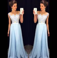 Light Blue Long Prom Dresses A Line 2016 Jewel Neck lace Applique Illusion Bodice See Through vestido de festa Evening Gown2223588