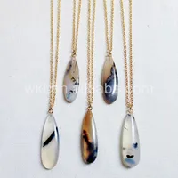 Pendant Necklaces WT-N662 Wholesale Custom Water Drop Moss Color Natural Stone With Brass Chain Gold Electroplated Jewelry