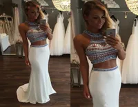 Two Piece Mermaid Prom Dresses with colorful Beaded Back Zipper White Chiffon Long Sexy back Formal Evening Gowns Real Picture1261668
