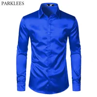 Men's Casual Shirts Royal Blue Silk Satin Men Luxury Brand Slim Fit Mens Dress Wedding Party Male Chemise 221130