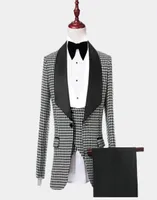 Fashion Gentleman Houndstooth Tuxedo With Black Shawl Lapel Mens Suits Custom Made Wedding Tuxedos Jacket Pants Vest Slim Fit9745447