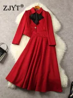 Elegant Lady Christmas Party Two Piece Dress Sets Womens Outfits Autumn Winter Bowknot Jacket and Midi Skirt Suit Red