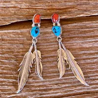 Stud Earrings Bohemia Inlaid Natural Stone Silver Color Feather Drop For Women Men Retro Ethnic Pendant Jewelry