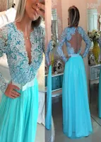 Chiffon Vneck Long Sleeves Aline Evening Dresses Blue Lace and Chiffon with Crystals Long Sleeves Prom Dress vestido longo de fe9614082