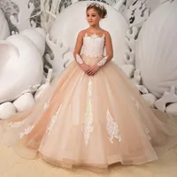 Tulle Flower Girl Dress with Bow Lace Appliques Long Sleeve For Wedding Birthday Ball Gown First Holy Communion