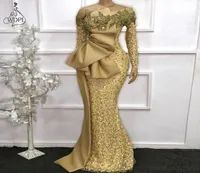 African Long Sleeves Lace Mermaid Evening Dresses 2021 Aso Ebi Gold Beaded Prom Gowns Robe De Soiree4054515