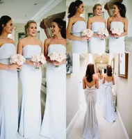 2023 Light Dusty Blue Bridesmaid Dresses Strapless Sheath Bow Chiffon Custom Made Maid of Honor Gown Country Beach Wedding Wear Plus Size