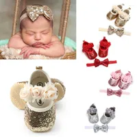 First Walkers Born Infant Baby Girls Boys Summer Crib Shoes 3 Style Sequined Floral Flat With Heel Hook Princess Headband 2PCS
