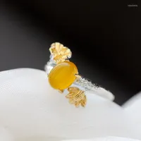 Cluster Rings Authentic 925 Sterling Silver Inlaid Natural Yellow Agate Lady Retro Charm Opening Adjustable Ring National Style Jewelry