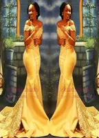 2023 African Nigerian Yellow Mermaid Prom Dresses Off Shoulders Lace Sequined Satin Evening Prom Gowns BA8405 GB1109S9944197