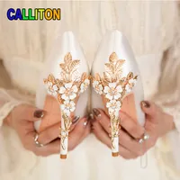 Dress Shoes Women's Party Designer Satin Fashion Sexy Stiletto High Heels Elegant Wedding Bride Banquet Metal Flowers Pumps 221129