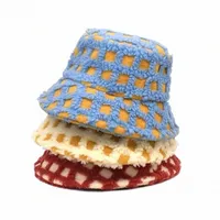 ファッション格子縞のフェイクラムウール女性パナマキャップ冬の秋のぬいぐるみ太いバケツ帽子温かい屋外女性漁師帽子d8s0＃