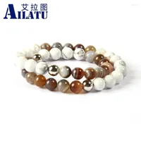 Strand Ailatu Brand Jewelry Wholesale 10pcs lot 8mm Natural Botswana & White Marble Stone Double Layer Men's Wrap-Around Bracelet