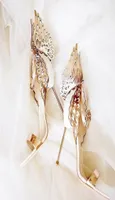 Golden Butterfly Wing Back Ladies Sexy High Heels Fashion Strap Sandals Suede Leather Sandals Ankle Buckle Stiletto Size 42 09222736192