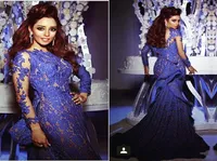 Royal Blue Lace Dresses Evening Wear Custom Made Draped Ruffles Mermaid Evening Dresses Sleeves Myriam Fares Celebrity Formal Gown5848666