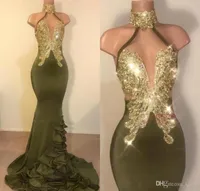 Oilve Green Charming Sexy Mermaid Prom Dresses High Jewel Neck Gold Applique Sweep Train Formal Dress Evening Wear Party Gowns ogs4801691