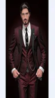 Developed Quality Black Peak Black Lapel Burgundy Men Suits Fashion Men WeddingParty Tuxedos Blazer JacketPantsVestTie9929009