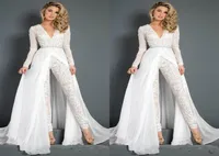 White Jumpsuits Prom Dresses Beaded Lace Deep V Neck Overskirts Formal Evening Party Gowns Cheap Long Sleeve Beach Special Occasio8862198
