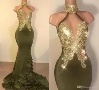 Oilve Green Charming Sexy Mermaid Prom Dresses High Jewel Neck Gold Applique Sweep Train Formal Dress Evening Wear Party Gowns ogs6460055
