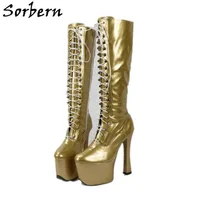 Sorbern Unisex MidCalf 20Cm Super High Heel 9Cm Platform Boots Women Sexy Fetish Stilettos CrossTied Patent Leather KneeHigh 6450933