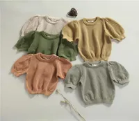 INS Girls hollow knitting pullover kids puff short sleeve tops children princess sweater clothing A78078580431