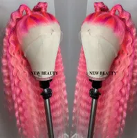 Fashion perruque Pink color brazilian full Lace Front Wig deep Curly Hand Tied Heat Resistant water wave synthetic wig For White W4862832