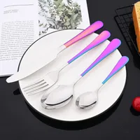 Dinnerware Sets 4Pcs Colorful Handle Tableware Set Knife Fork Spoon Silverware Mirror Cutlery Stainless Steel Flatware Kitchen