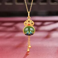 قلادة قلادة S925 Silver Inlay Natural Ian Jade Fu Lu Gourd National Strendy Necklace for Women