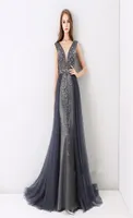 2018 Elegant Navy Tulle Crystals Prom Dresses V Neck Detachable Train Evening Gowns Custom Beads Evening Dresses Vestidos Formales8730356