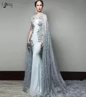 Lebanon Blue Gray Evening Dress Lace Floor Length Cape Clock Appliques Beaded Prom Formal Maxi Gowns Vestido de festa Women Party 7692977