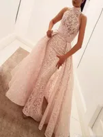 Yousef Aljasmi High Neck Over Skirt Evening Formal Dresses 2021 Lace Applique Dubai Arabic Mermaid Occasion Prom Dress with Detach8390577