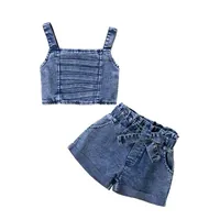 Clothing Sets Suits Clothes Dress Children Summer Girls Outfit Denim Suspender Shorts E15737