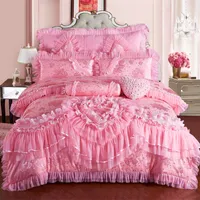 Bedding sets Pink Lace Princess Wedding Luxury Set King Queen Size Silk Cotton Stain Bed set Duvet Cover Bedspread Pillowcase 221129