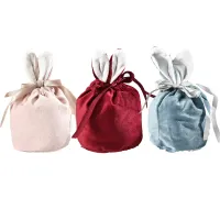 3 färger Easter Bunny Bucket Favor Velvet Rabbit Ears Basket Drawstring Candy Bag Wedding Jewelry Pouch 1130