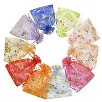 100pcs / sacs à cordon coloré sacs d'organza coeur fleurs imprimerie bijoux enveloppe d'emballage enveloppant sacs pour fête de mariage baby shower