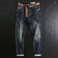 Herren Jeans Pria Desainer Mode Sobek Gambar Cetak Pas Badan Elastis Biru Vintage Celana Denim Katun Kasual Retro