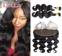 Indian Virgin Hair 2 Bundles With 13 X 4 Lace Frontal 3Pcsset Body wave Human Hair Wefts With Closure From Leila2999647