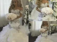 Elegant Organza Tiers Plus Size Mermaid Wedding Dresses Ruffle Off Shoulder Beads Crystal Arabic Country Bridal Gown Bride Dress C3452957