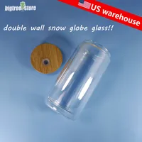 US warehouse 16oz Double Wall Sublimation Glass Can Snow Globe glass Tumbler Beer Glass Frosted Drinking Glasses With Bamboo Lid And Reusable Straw custom gift